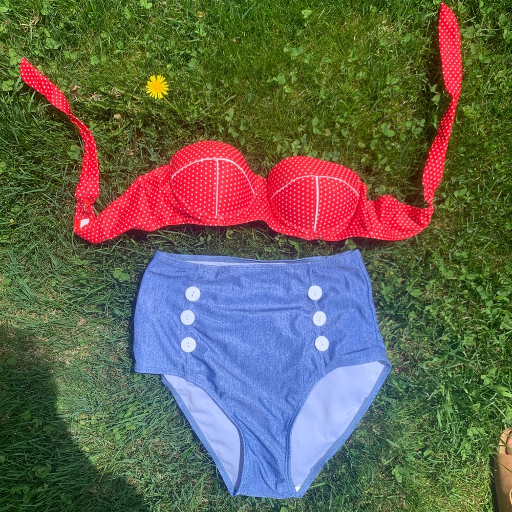 High waist faux denim high rise bikini
